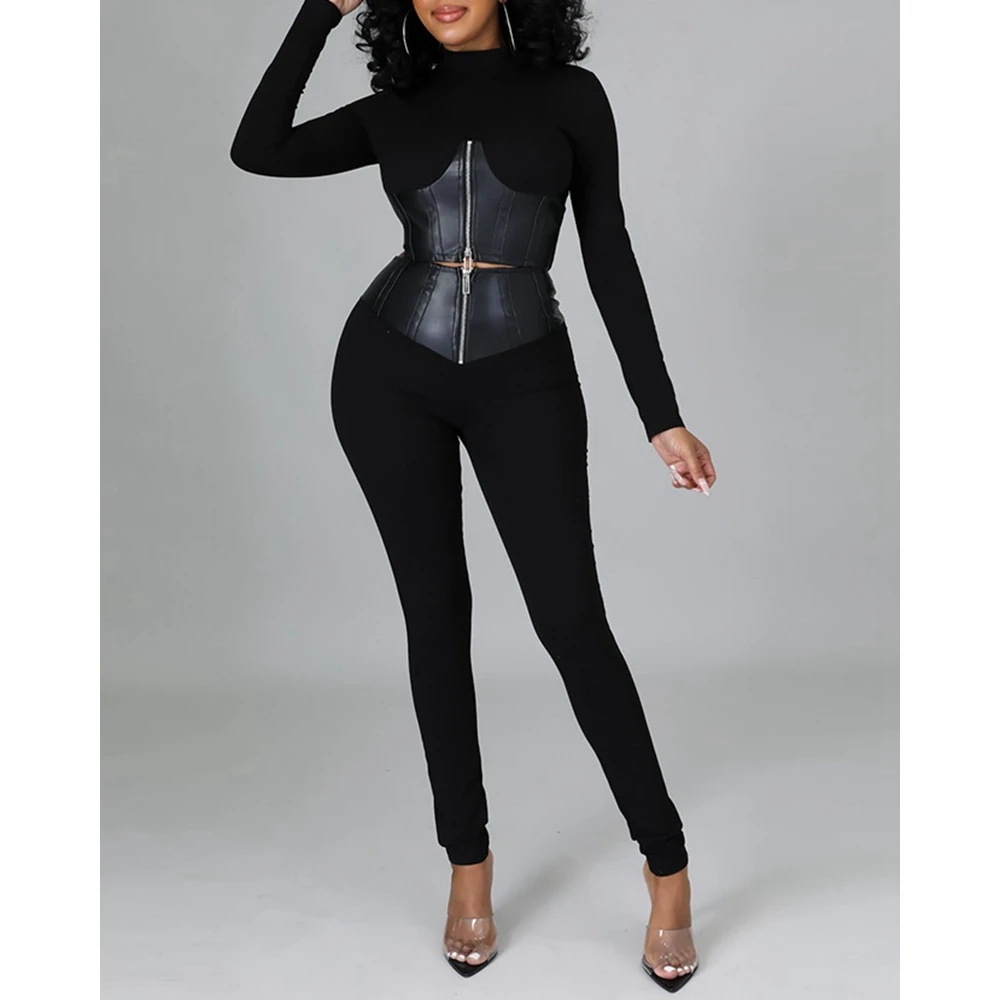 Women Contrast Pu Leather Zipper Design Long Sleeve Top & High Waist Skinny Pants Set Causal Femme Slim Two Pieces Suits y2k
Women Contrast Pu Leather Zipper Design Long Sleeve Top & High Waist Skinny Pants Set Causal Femme Slim Two Pieces Suits y2k
