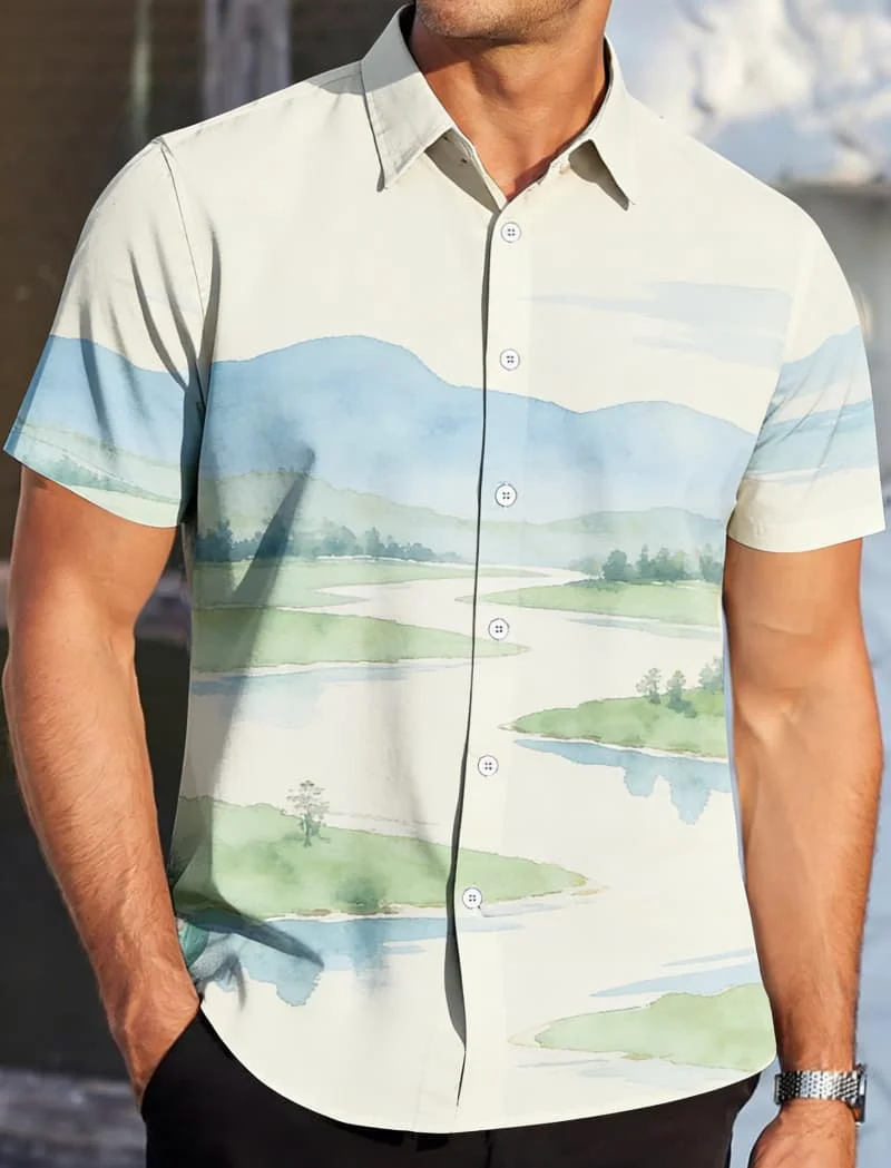 Men's Trendy Watercolor Nature Print Short Sleeve Shirt - Mountain Landscape Animal Fruit Print Casual Top For Daily Wear
Men's Trendy Watercolor Nature Print Short Sleeve Shirt - Mountain Landscape Animal Fruit Print Casual Top For Daily Wear