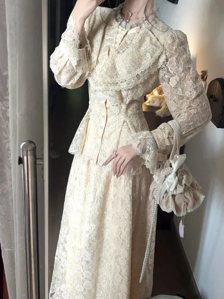 French Luxury Lace 2 Piece Set Women Y2K Elegant Ruffle Patchwork Slim Top Sets High Waist All Match Midi Skirts Two Piece Set
French Luxury Lace 2 Piece Set Women Y2K Elegant Ruffle Patchwork Slim Top Sets High Waist All Match Midi Skirts Two Piece Set