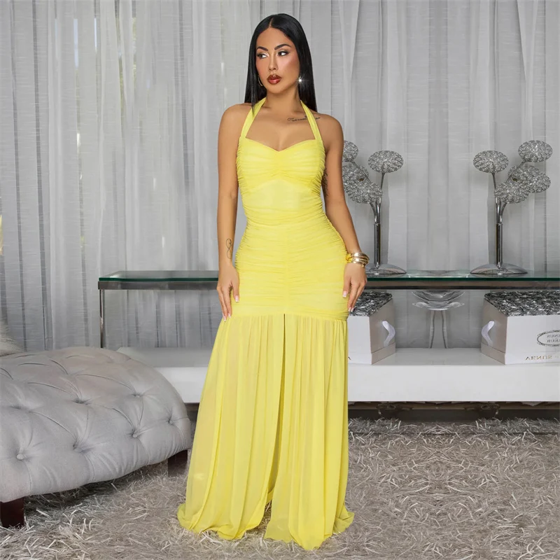 Elegant Mesh Ruched Evening Dresses Women Celebrity Night Club Party Sleeveless Backless Lace-up Halter Prom Bodycon Maxi Dress
Elegant Mesh Ruched Evening Dresses Women Celebrity Night Club Party Sleeveless Backless Lace-up Halter Prom Bodycon Maxi Dress