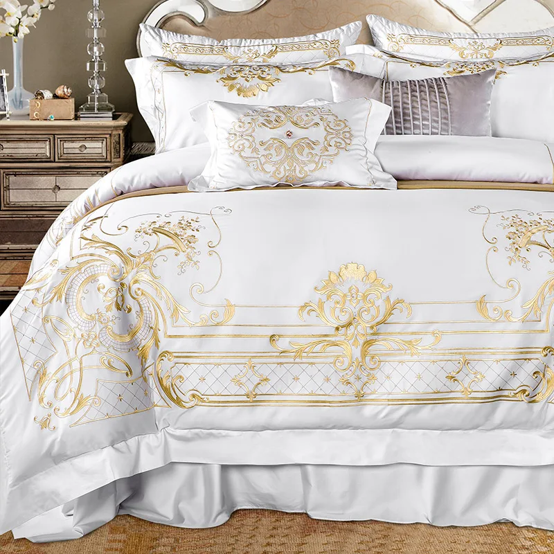 White Egyptian Cotton Bedding set US King Queen size Chic Golden Embroidery Bedding sets Super Soft Bed sheet set Duvet cover
White Egyptian Cotton Bedding set US King Queen size Chic Golden Embroidery Bedding sets Super Soft Bed sheet set Duvet cover