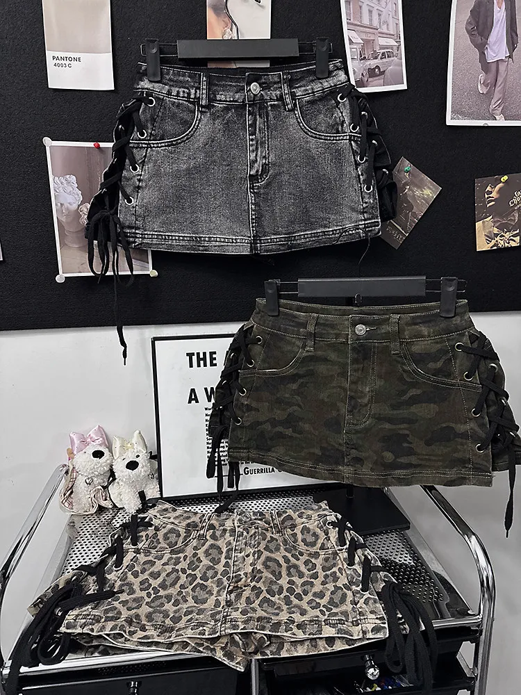 Outlet Leopard Print Rope Bound Denim Skirt Retro Sexy Bodycon A-Line Short Skirt Casual High Waist Summer Dress 20 S1f486f18bb7b49389919019cf2ca0fd1M