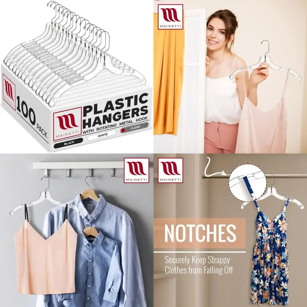 Clear Plastic Hangers 100 Pack with 360 Swivel Metal Hook, Notches for Straps, Ideal for Shirts, Tops, Dresses - Great Storage S
Clear Plastic Hangers 100 Pack with 360 Swivel Metal Hook, Notches for Straps, Ideal for Shirts, Tops, Dresses - Great Storage S