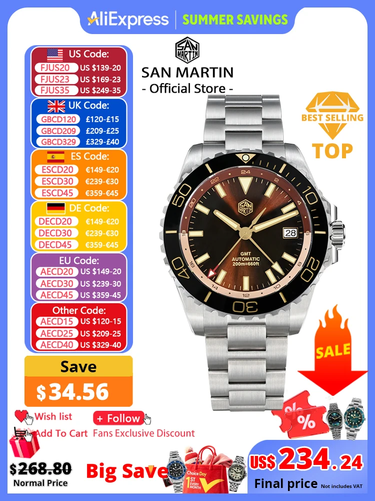 San Martin New 39mm Luxury Diver Men's GMT NH34 Sunburst Enamel Dial Stainless Steel Automatic Sapphire C3 Green Luminous SN0136
San Martin New 39mm Luxury Diver Men's GMT NH34 Sunburst Enamel Dial Stainless Steel Automatic Sapphire C3 Green Luminous SN0136
