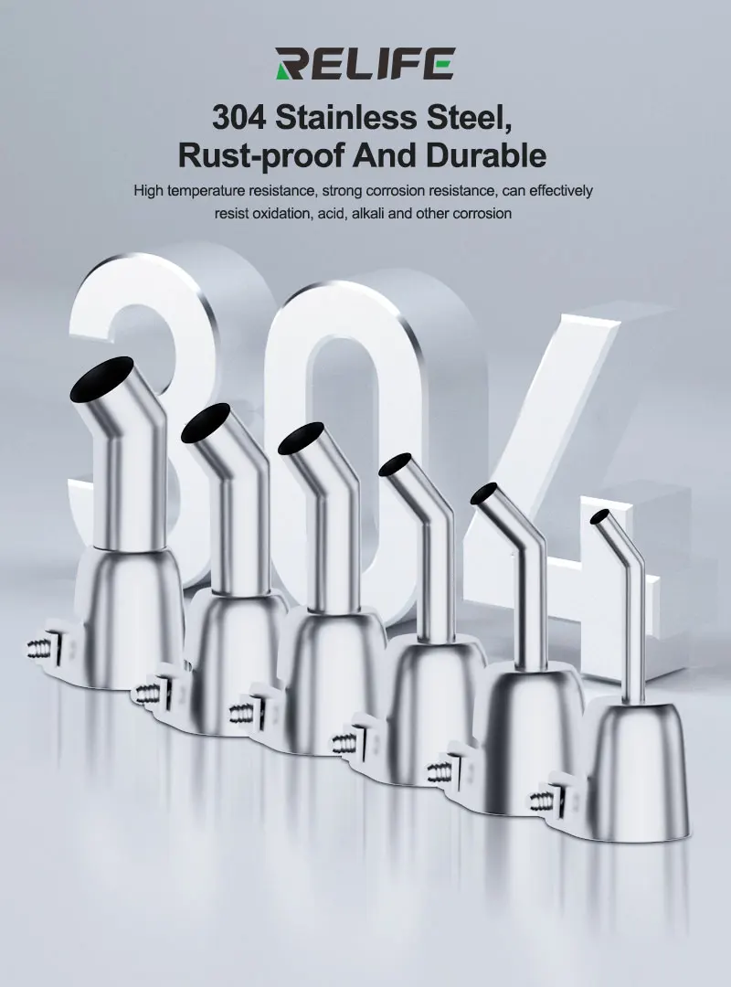 RELIFE 857 Series Curved Nozzle 304 Stainless Steel for 857DW+/706W+/8786D+/K8/859D+/850A/850A+/850D Hot Air Guns Bent Oblique
RELIFE 857 Series Curved Nozzle 304 Stainless Steel for 857DW+/706W+/8786D+/K8/859D+/850A/850A+/850D Hot Air Guns Bent Oblique