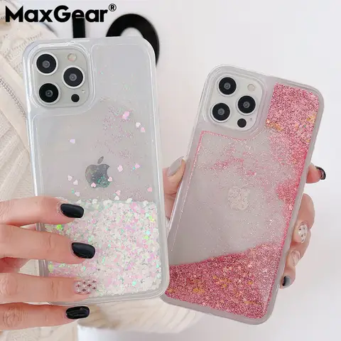 Custodia con glitter a forma di cuore d'amore per iPhone 15 14 13 12 11 Pro Max X XR XS MAX 6S 6 7 8 Plus 5 SE 2 Sabbie mobili liquide Bling Paillettes Cover