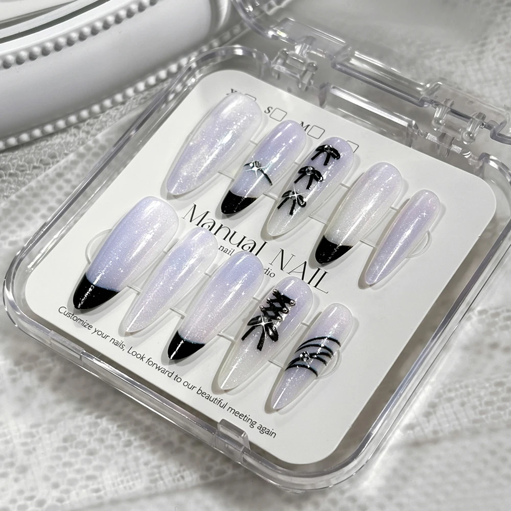 10Pcs White Glitter Long Almond False Nails 3D Black French Bowknot Design Press on Nails S-Size Full Cover Acrylic Fake NailTip
10Pcs White Glitter Long Almond False Nails 3D Black French Bowknot Design Press on Nails S-Size Full Cover Acrylic Fake NailTip