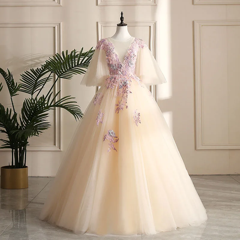 Evening Dress O-Neck Appliques Elegant Floor-Length Pleat Half Sleeves Ball Gown Lace Up Tulle Party Formal Dresses Woman B1653
Evening Dress O-Neck Appliques Elegant Floor-Length Pleat Half Sleeves Ball Gown Lace Up Tulle Party Formal Dresses Woman B1653