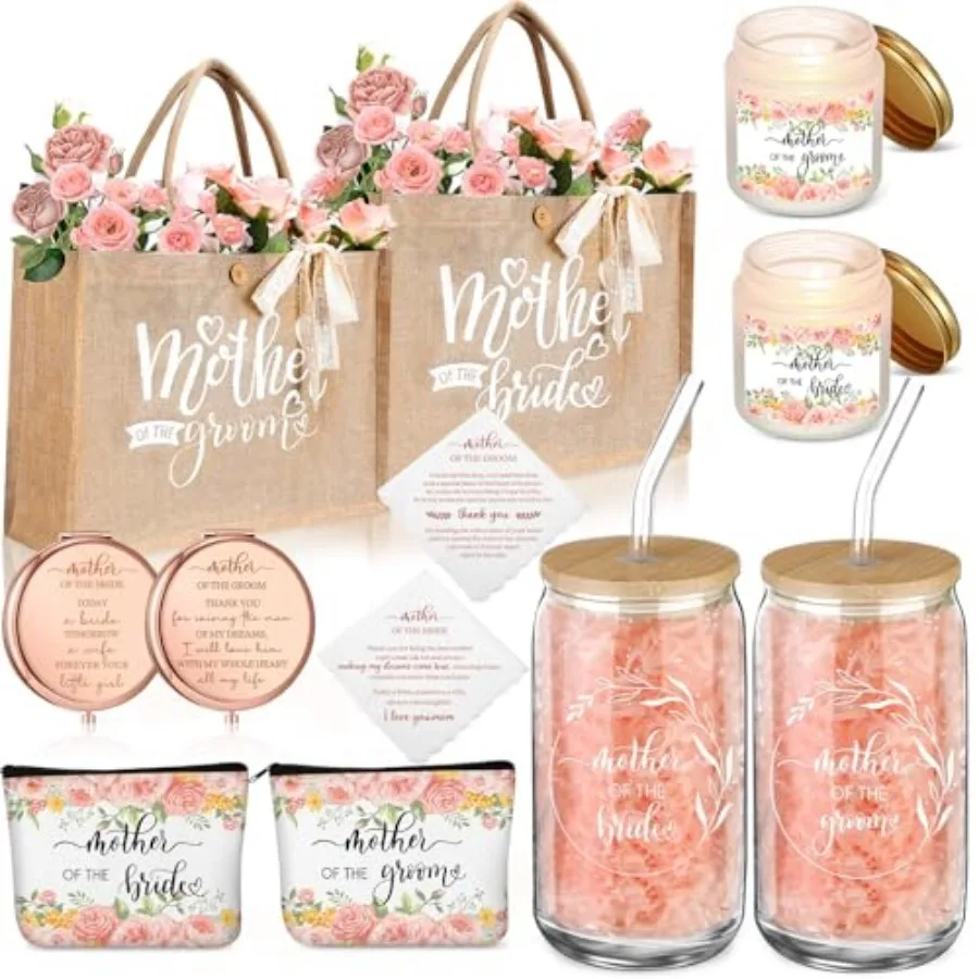 2 Sets Mother of the Bride and Mother of the Groom Gifts Set Includes 16 oz Glass Cups Canvas Tote Bags Cosmetic Bag Handkerchi
2 Sets Mother of the Bride and Mother of the Groom Gifts Set Includes 16 oz Glass Cups Canvas Tote Bags Cosmetic Bag Handkerchi