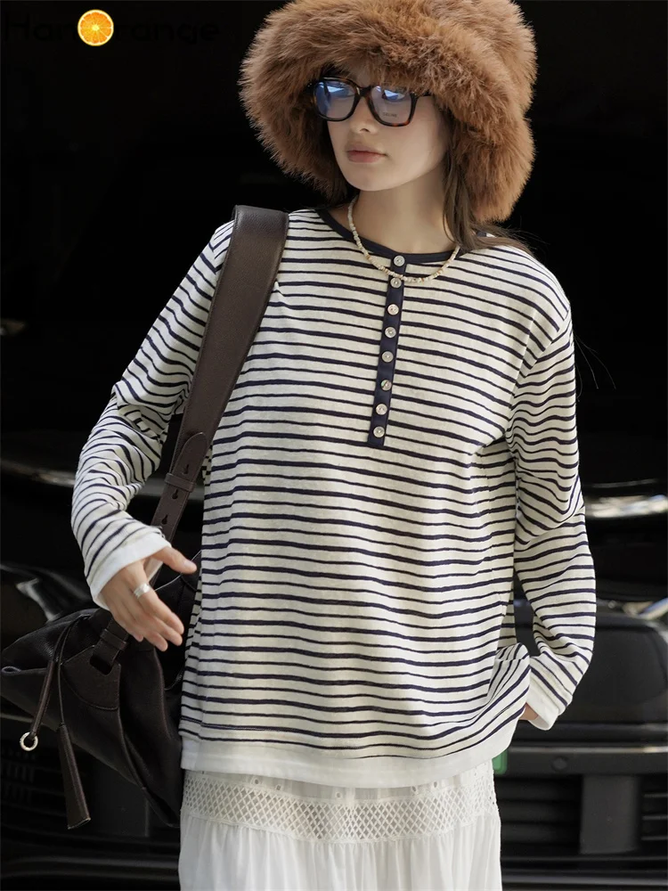 HanOrange 2025 Early Autumn Breathing Thin Stripe Half Open Placket Long Sleeve T-shirt Women Top Tees Navy Blue/Light Gray
HanOrange 2025 Early Autumn Breathing Thin Stripe Half Open Placket Long Sleeve T-shirt Women Top Tees Navy Blue/Light Gray