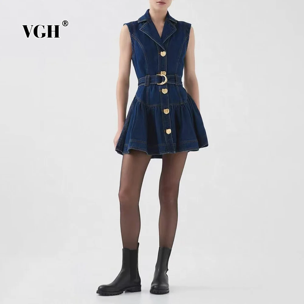 VGH Solid Retro Slimming A Line Jeans Dress for Women Lapel Sleeveless High Waist Patchwork Lace Up Folds Hem Dresses Female New
VGH Solid Retro Slimming A Line Jeans Dress for Women Lapel Sleeveless High Waist Patchwork Lace Up Folds Hem Dresses Female New
