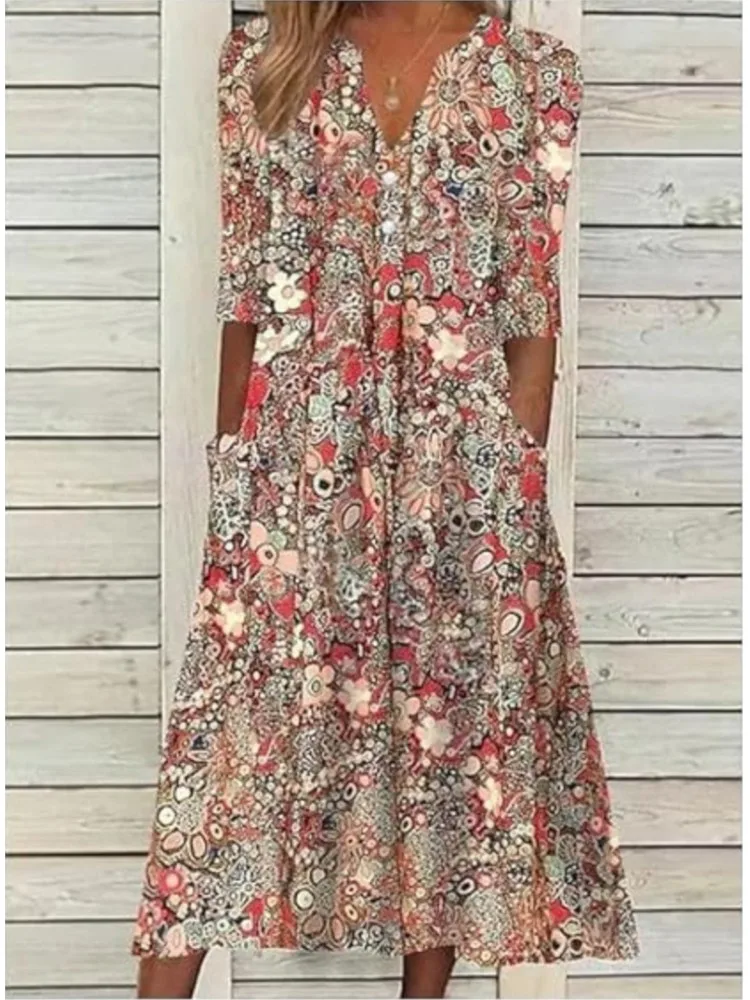 2025 Summer New Fashion Women Dresses Floral Print Boho V-Neck Short Sleeve Pockets Ladies Dress Vintage Beach Midi Dress Female
2025 Summer New Fashion Women Dresses Floral Print Boho V-Neck Short Sleeve Pockets Ladies Dress Vintage Beach Midi Dress Female