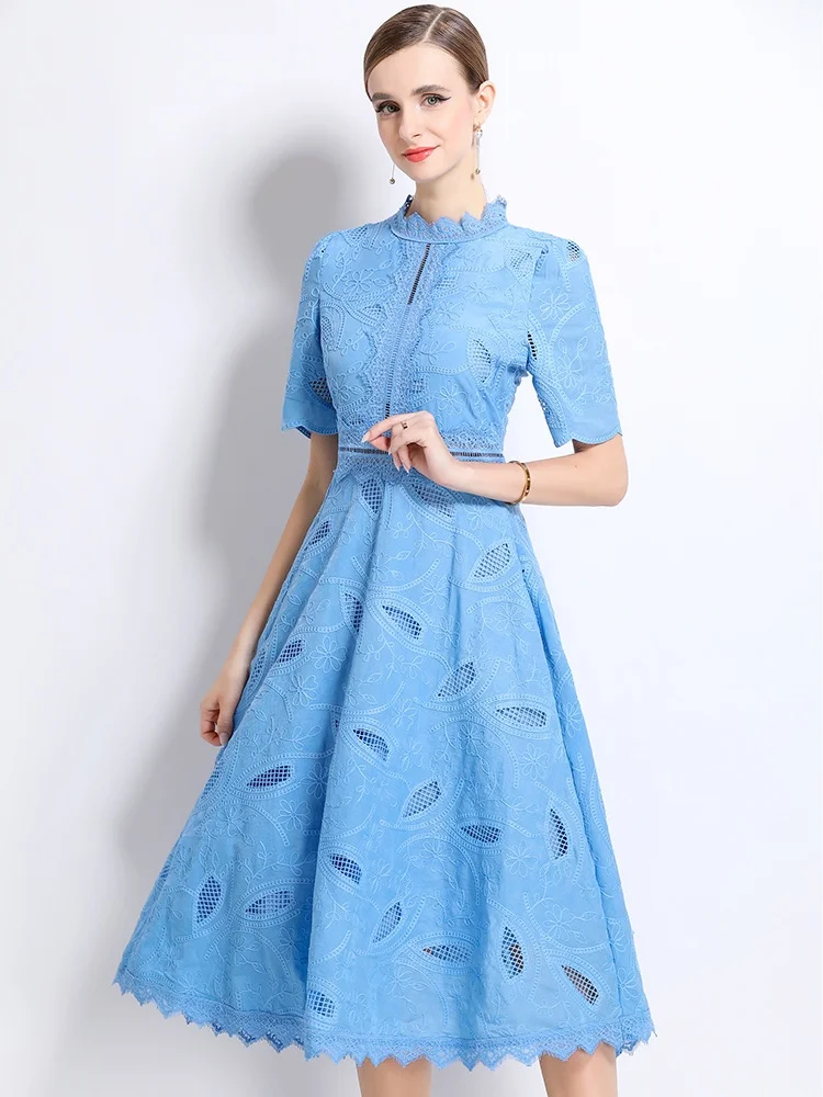 New Fashion Spliced Lace Summer Dresses For Women O Neck Stand Collar High Waist Temperamnet Elegant Embroidered Flowers Dress
New Fashion Spliced Lace Summer Dresses For Women O Neck Stand Collar High Waist Temperamnet Elegant Embroidered Flowers Dress