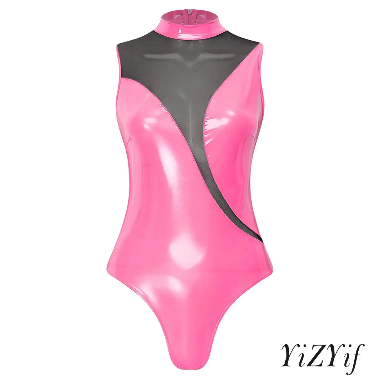 Women Patent Leather Bodysuit Mock Neck Sleeveless Invisible Zipper Back Mesh Patchwork Shiny Leotard for Party Club Carnival
Women Patent Leather Bodysuit Mock Neck Sleeveless Invisible Zipper Back Mesh Patchwork Shiny Leotard for Party Club Carnival