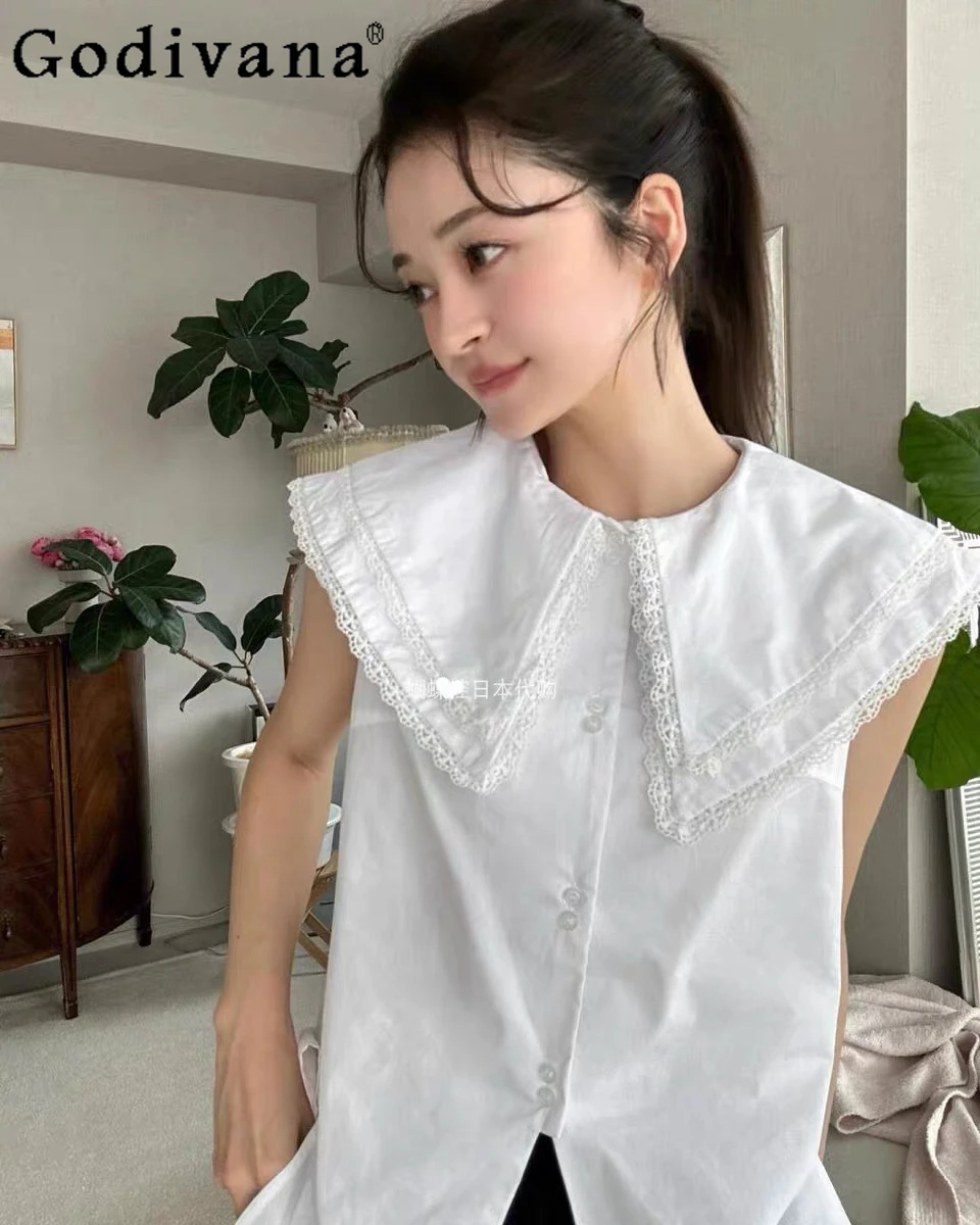 Japanese Sweet White Sleeveless Top Spring and Summer Women's Loose Fashion Versatile Lapel Lace Sleeveless Shirt Blusa Mujer
Japanese Sweet White Sleeveless Top Spring and Summer Women's Loose Fashion Versatile Lapel Lace Sleeveless Shirt Blusa Mujer