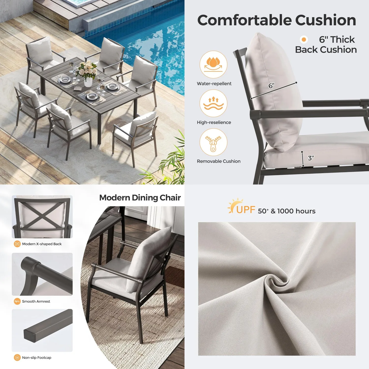 Metal Patio Dining Set,Table & Chairs for 6,Powder Cushions,60" Umbrella Hole,Deck Lawn,Customized
Metal Patio Dining Set,Table & Chairs for 6,Powder Cushions,60" Umbrella Hole,Deck Lawn,Customized