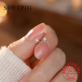 SOFTPIG 여성용 진짜 925 스털링 실버 지르콘 귀걸이, 작은 스터드 귀걸이, 고급 주얼리, 미니멀리스트 귀 구멍 관리 액세서리, 4mm 스타