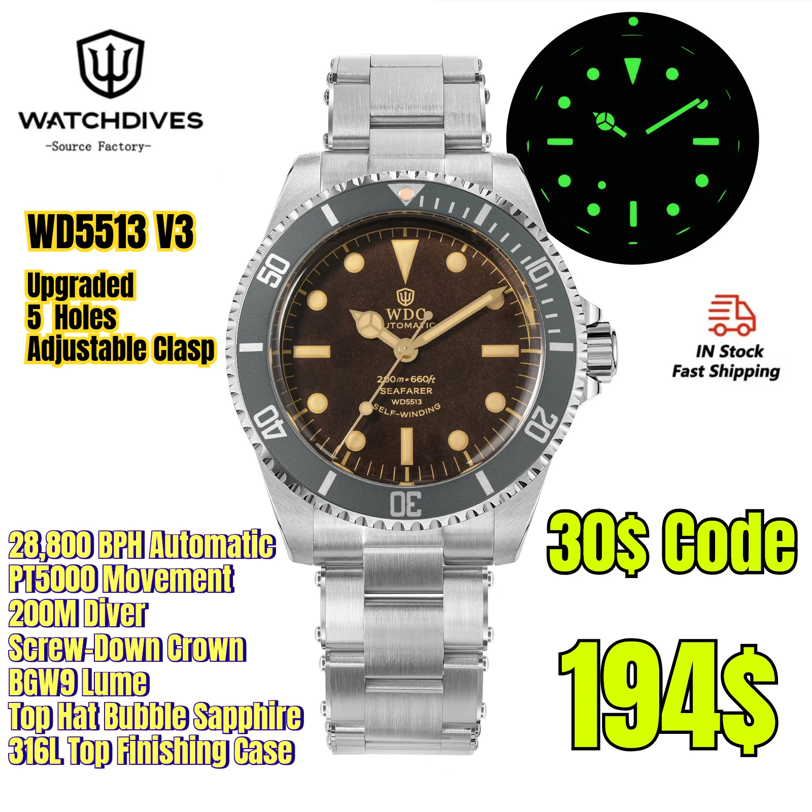 Watchdives WD5513B V3 40Mm Sub Dive Watch PT5000 Automatic Watch Sapphire 20Bar Waterproof 316L Steel Vintage Mechanical Watches
Watchdives WD5513B V3 40Mm Sub Dive Watch PT5000 Automatic Watch Sapphire 20Bar Waterproof 316L Steel Vintage Mechanical Watches