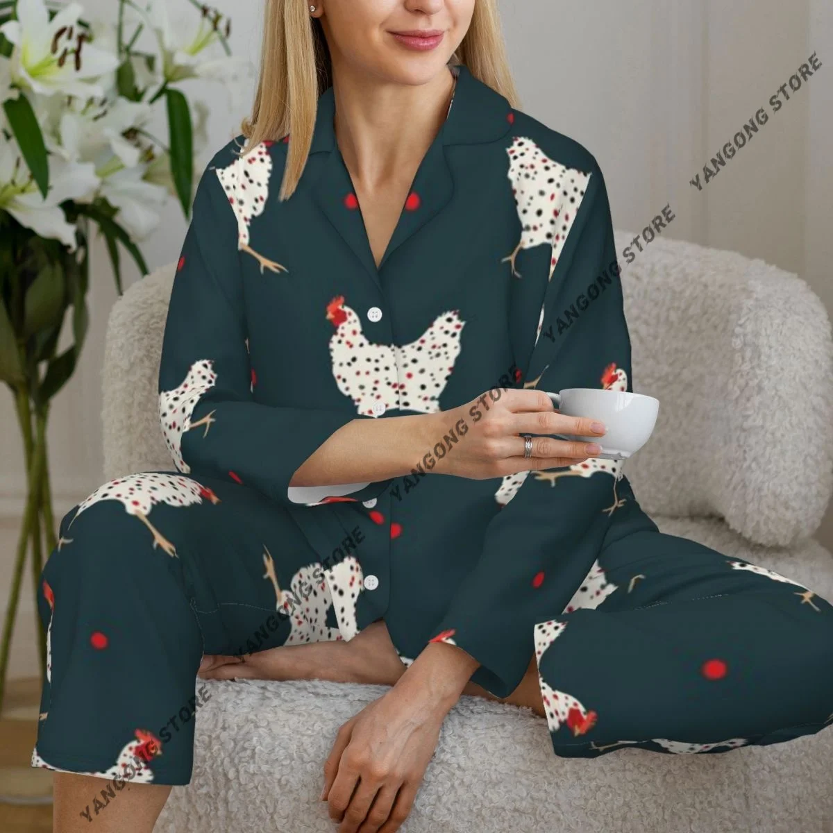 Spring and Autumn Pajama Set Women's Long Sleeve Pants Two Piece Cute Hens Chicken Print Home Furnishing Set
Spring and Autumn Pajama Set Women's Long Sleeve Pants Two Piece Cute Hens Chicken Print Home Furnishing Set