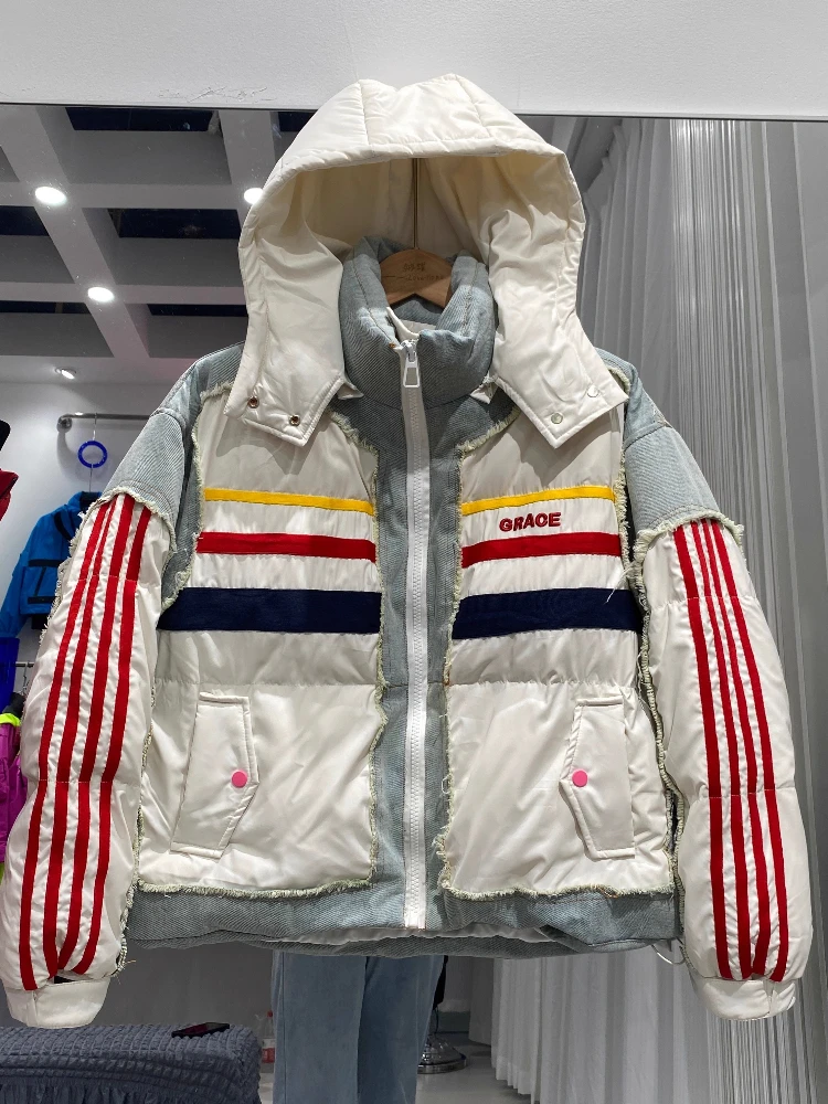 Новинка 202, пуховик, джинсовая съемная кепка, контрастная женская короткая свободная утолщенная куртка-пуховик с белой уткой, модный топ 
Новинка 202, пуховик, джинсовая съемная кепка, контрастная женская короткая свободная утолщенная куртка-пуховик с белой уткой, модный топ