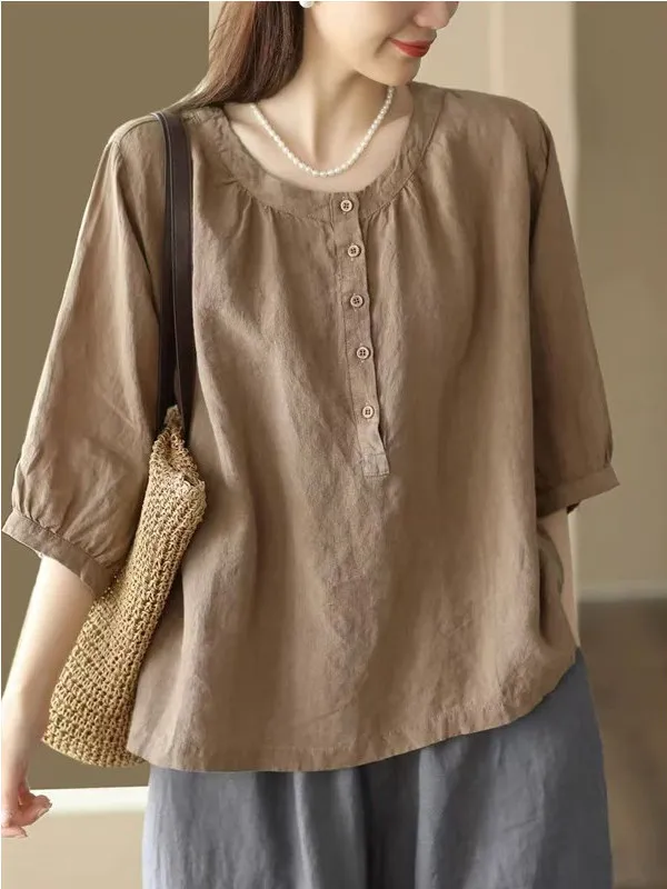 Retro Cotton Linen round Neck Shirt Women Summer Loose Color Overhead Five Sleeve Casual Style Breathable Slimming Top
Retro Cotton Linen round Neck Shirt Women Summer Loose Color Overhead Five Sleeve Casual Style Breathable Slimming Top