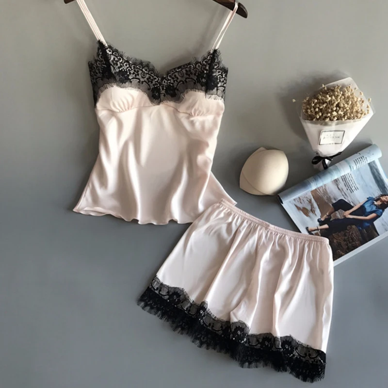 Women Pajama Suit Fashion V-Neck Stretch Satin Babydoll Lace Sexy Lingerie Bowknot Pyjamas Sleep Shorts Set Sleepwear New
Women Pajama Suit Fashion V-Neck Stretch Satin Babydoll Lace Sexy Lingerie Bowknot Pyjamas Sleep Shorts Set Sleepwear New