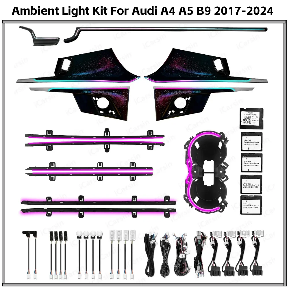 Динамический 64-цветный окружающий свет для Audi A4 A5 B9 2017-2024, комплект аксессуаров для обновления внутреннего светодиодного освещения MMi Control
Динамический 64-цветный окружающий свет для Audi A4 A5 B9 2017-2024, комплект аксессуаров для обновления внутреннего светодиодного освещения MMi Control