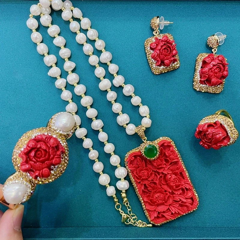 French Style Freshwater Pearl Cinnabar Crystal Jewelry Set Peony Flower Cutting Pattern Necklace Bracelet Lucky Jewelry Women
French Style Freshwater Pearl Cinnabar Crystal Jewelry Set Peony Flower Cutting Pattern Necklace Bracelet Lucky Jewelry Women