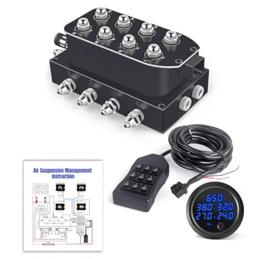 12V Air Management with 8-Valve Air Ride Suspension Manifold 16.5FT Switch Wi Remote Controller and Five-Way Display Air Pressu
12V Air Management with 8-Valve Air Ride Suspension Manifold 16.5FT Switch Wi Remote Controller and Five-Way Display Air Pressu