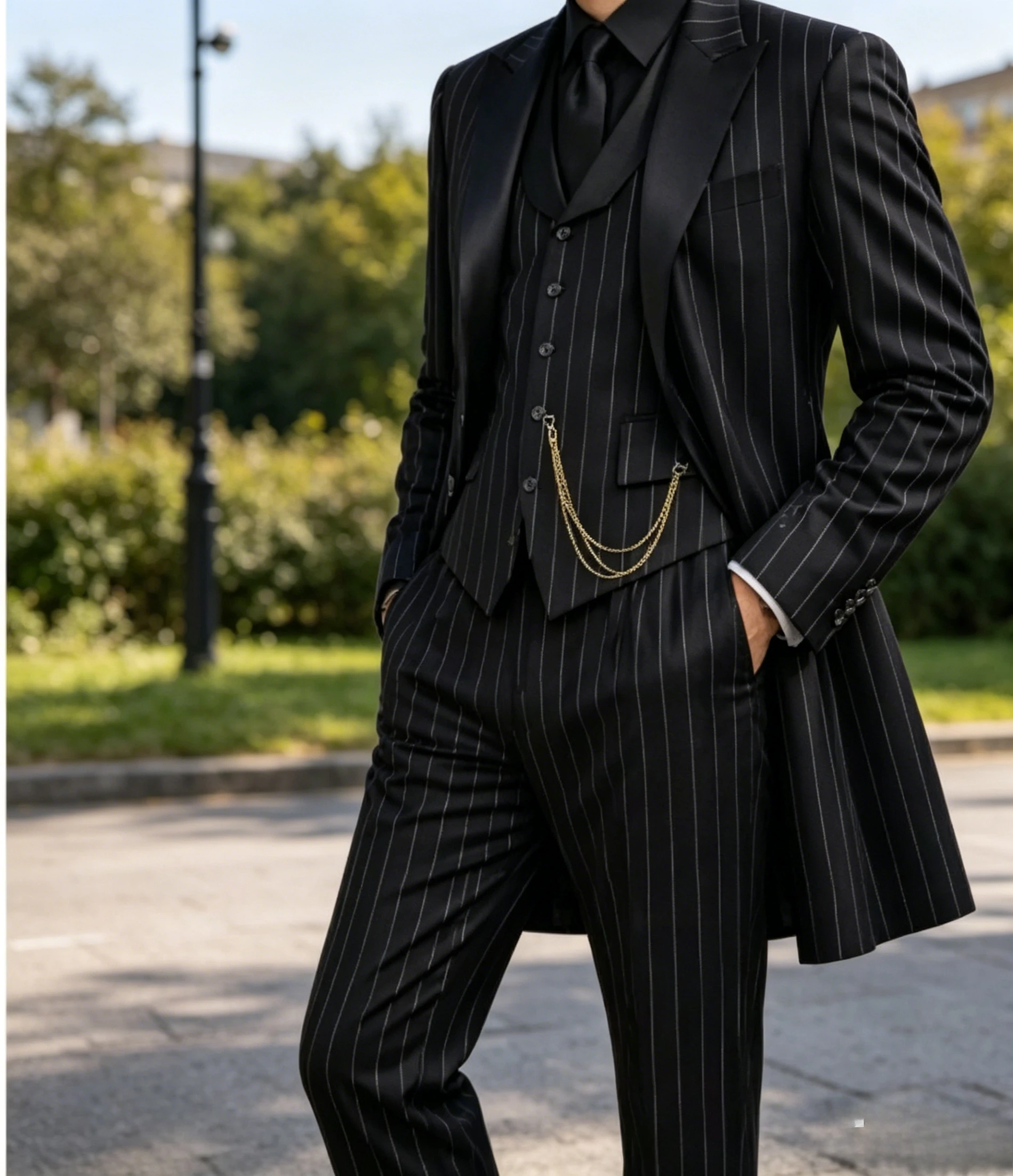 Men Black Striped 3 Piece Suit Satin Peak Lapel Long Blazer Vest and Pants Formal Wedding Groom Party Elegant Business Suits
Men Black Striped 3 Piece Suit Satin Peak Lapel Long Blazer Vest and Pants Formal Wedding Groom Party Elegant Business Suits