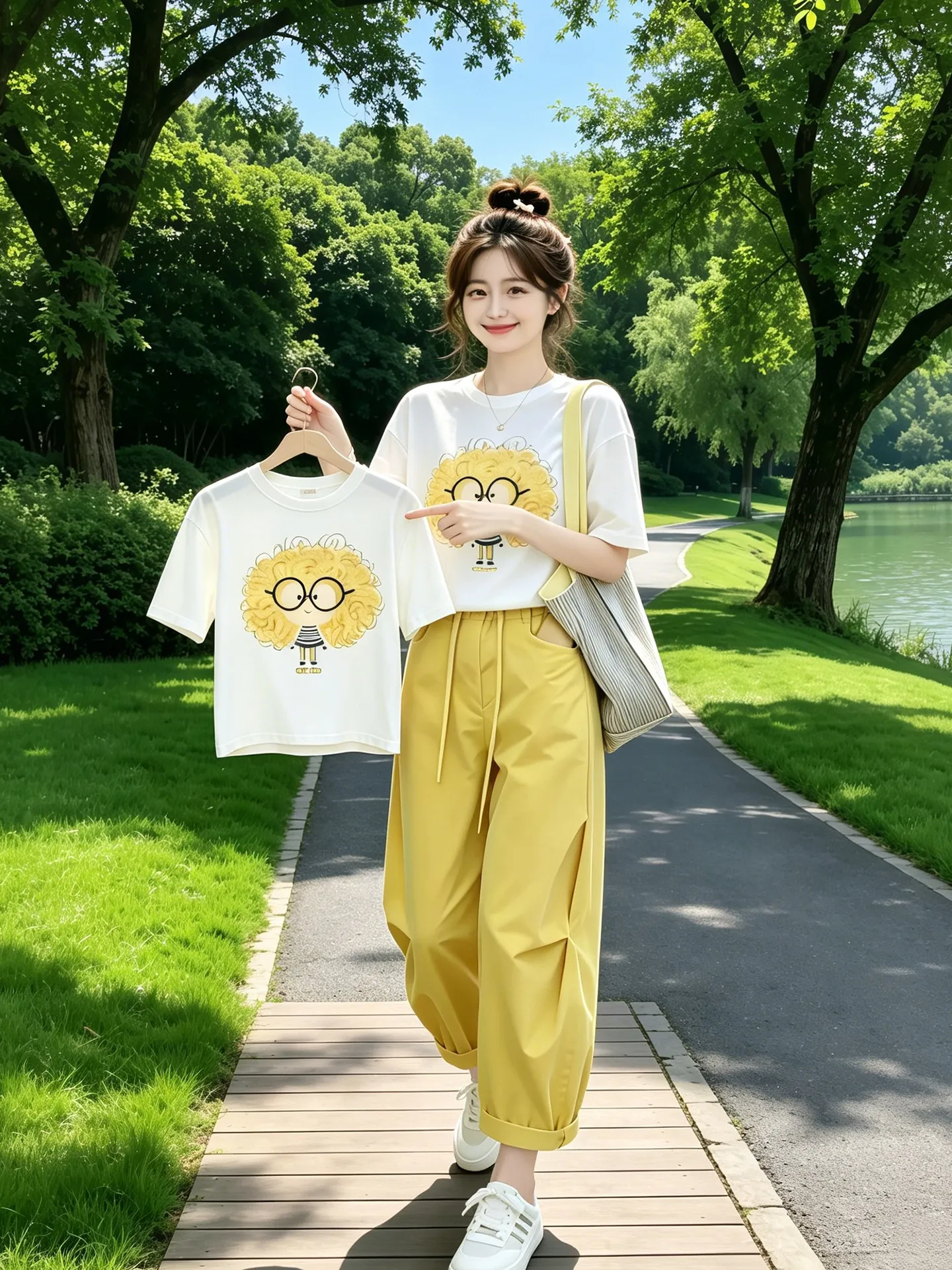 Yellow High Waist Wide Leg Pants White T-Shirt Cartoon Print Simple Fashion Basic Two-Piece Set for Women Summer Office Wear
Yellow High Waist Wide Leg Pants White T-Shirt Cartoon Print Simple Fashion Basic Two-Piece Set for Women Summer Office Wear