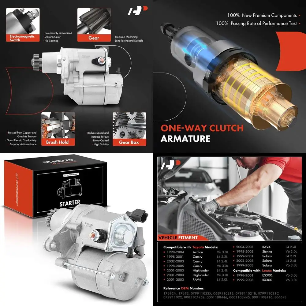 Starter Motor Compatible with Toyota Avalon 98-04 V6 3.0L, Camry 98-05, Highlander 01-03, RAV4 01-05, Sienna, Solara & Lexus ES3
Starter Motor Compatible with Toyota Avalon 98-04 V6 3.0L, Camry 98-05, Highlander 01-03, RAV4 01-05, Sienna, Solara & Lexus ES3