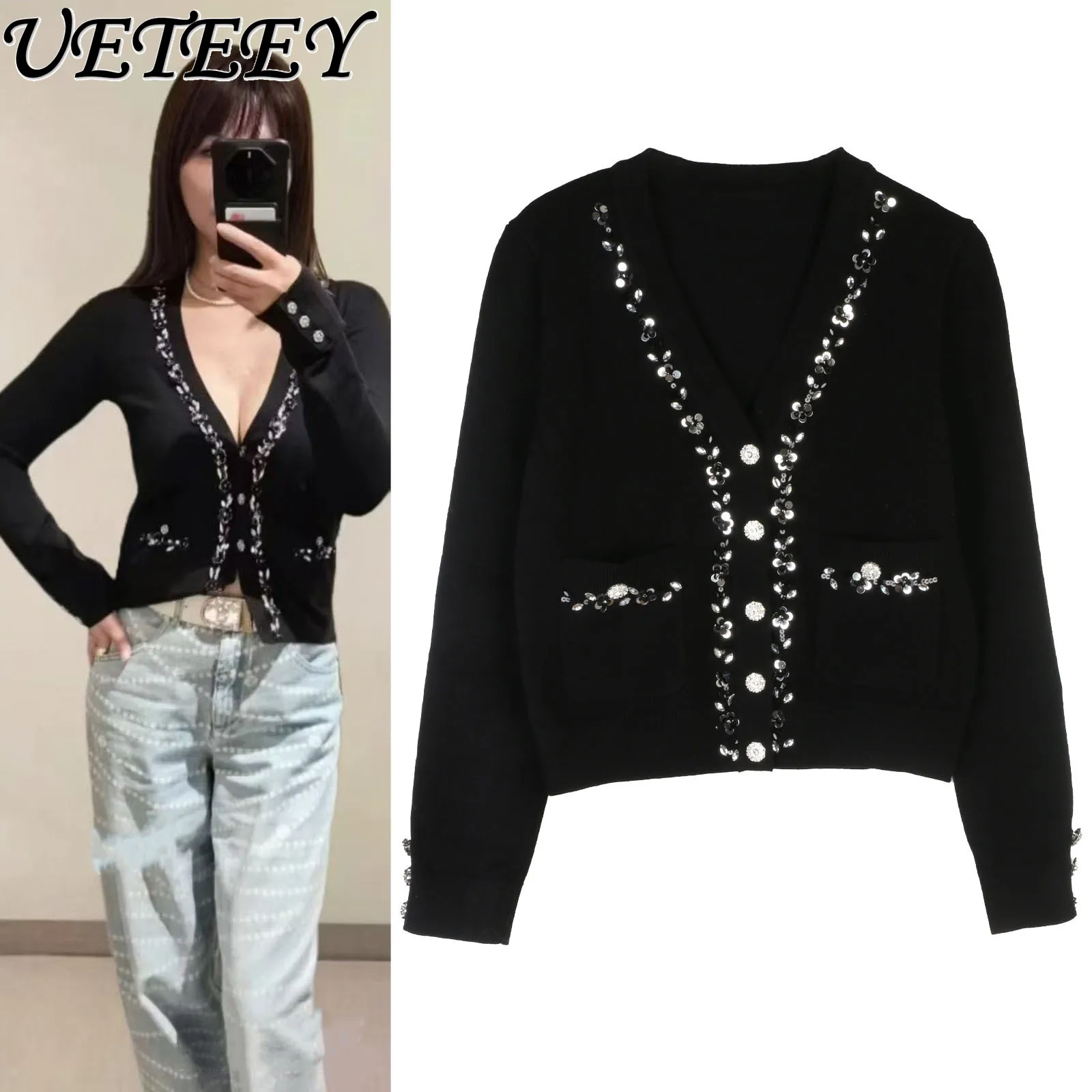 2025 Autumn Winter Women Socialite Style Beaded Long Sleeve Knitted Cardigan V-Neck Sequins Black Knitwear Sweater Coat Female
2025 Autumn Winter Women Socialite Style Beaded Long Sleeve Knitted Cardigan V-Neck Sequins Black Knitwear Sweater Coat Female