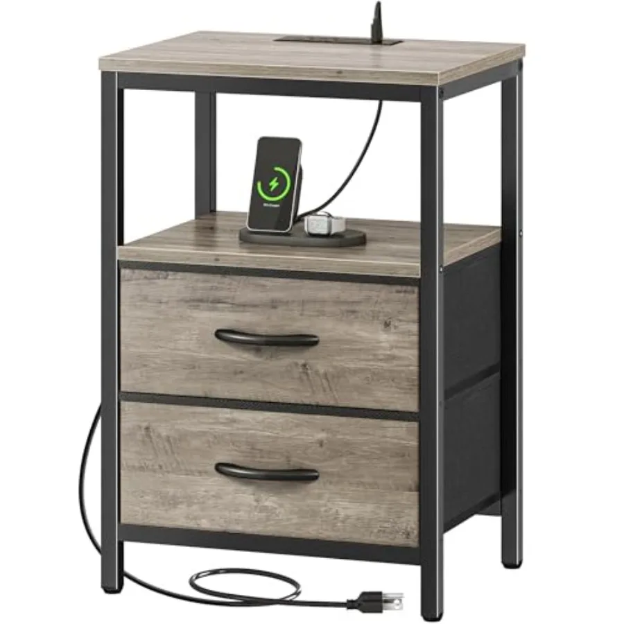Bedside table with charging station for bedroom use, oak wood and fabric drawers, open shelf design, integrated USB ports and o
Bedside table with charging station for bedroom use, oak wood and fabric drawers, open shelf design, integrated USB ports and o