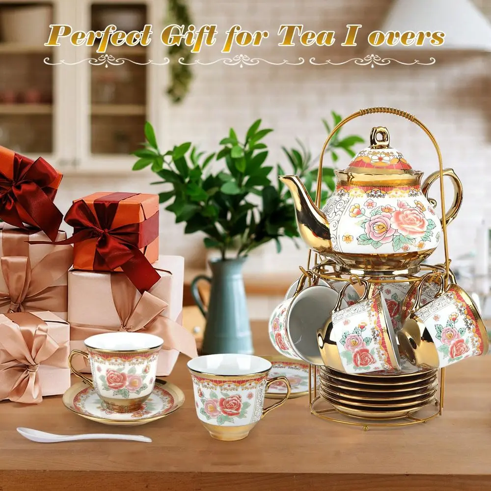 Porcelain Tea Set With Metal Holder European Ceramic Tea Cups With Saucers, Gold Flower Painting Design, Adult Tea Gift Set For
Porcelain Tea Set With Metal Holder European Ceramic Tea Cups With Saucers, Gold Flower Painting Design, Adult Tea Gift Set For
