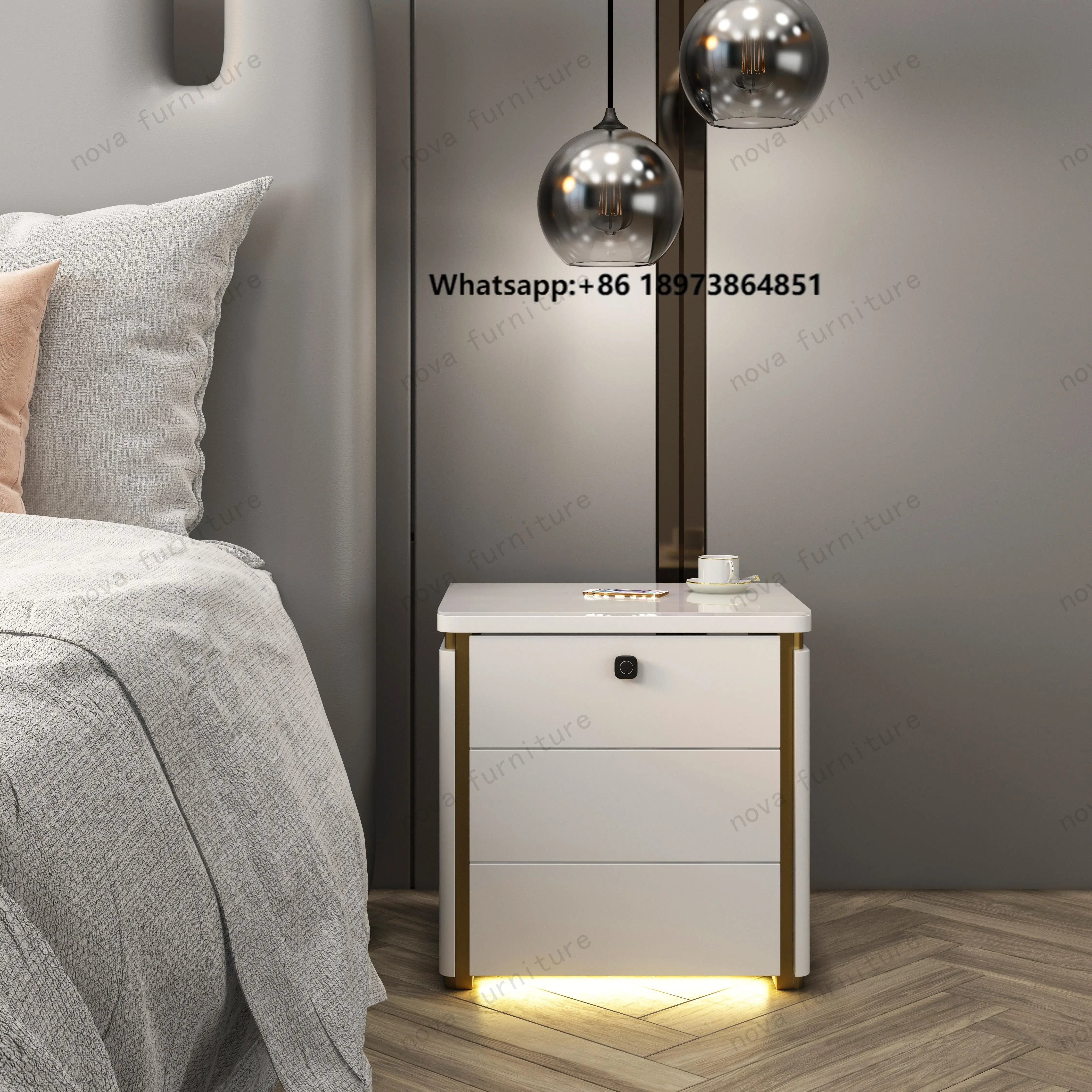 NOVA Intelligent Bedroom Furniture High Gloss Bedside Table Modern Simple Design White Smart Nightstands With Sensor Light Strip
NOVA Intelligent Bedroom Furniture High Gloss Bedside Table Modern Simple Design White Smart Nightstands With Sensor Light Strip