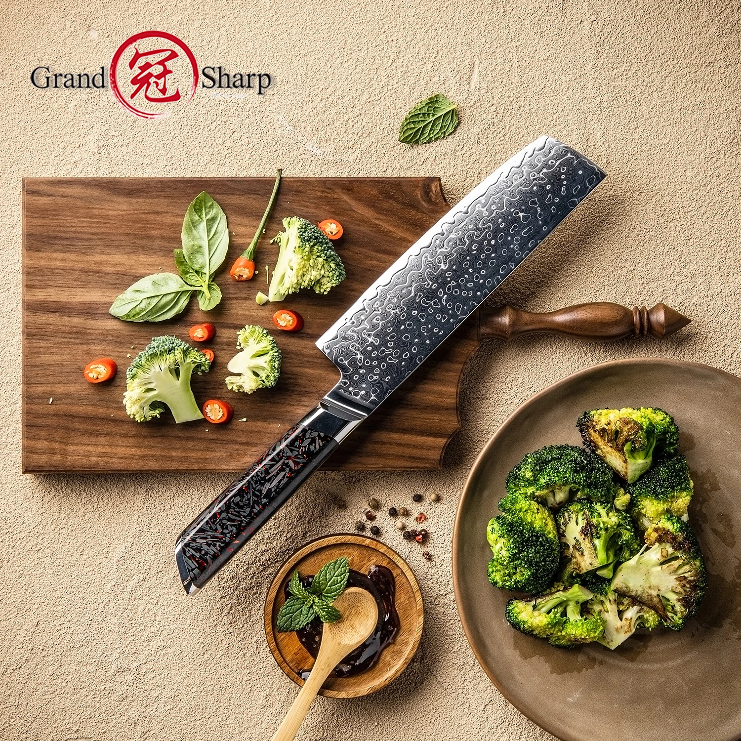 Grandsharp 7 Inch Nakiri Knife 129 Layers 10Cr15MoV Core Damascus Steel Carbon Fiber Resin Handle For Cutting Vegetables Fruits
Grandsharp 7 Inch Nakiri Knife 129 Layers 10Cr15MoV Core Damascus Steel Carbon Fiber Resin Handle For Cutting Vegetables Fruits