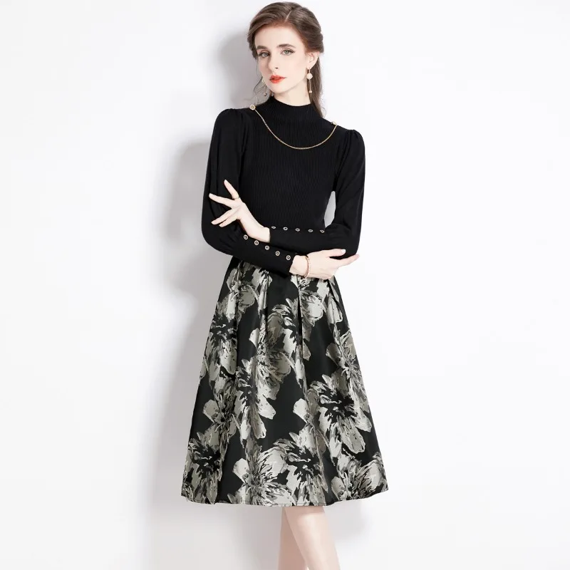 Slim Knit Black Dress Jacquard Vintage Skirt Two-piece Set Vintage Vestido Feminino
Slim Knit Black Dress Jacquard Vintage Skirt Two-piece Set Vintage Vestido Feminino