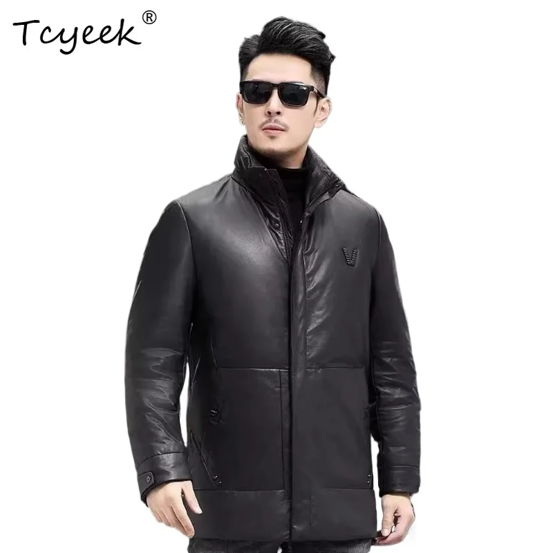 Tcyeek Top Layer Cowskin Autumn Winter Trendy White Duck Down Stand Collar Black Medium Length Men's Genuine Leather Jacket 가죽자켓 
Tcyeek Top Layer Cowskin Autumn Winter Trendy White Duck Down Stand Collar Black Medium Length Men's Genuine Leather Jacket 가죽자켓