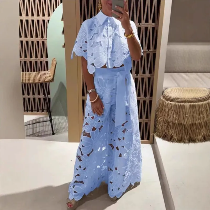 Elegant Fashion Lace 2-piece Set 2025 Hollow Lapel Single-breasted Shirt Short Top + Wide-leg Pants Set Solid Color Suit Female
Elegant Fashion Lace 2-piece Set 2025 Hollow Lapel Single-breasted Shirt Short Top + Wide-leg Pants Set Solid Color Suit Female
