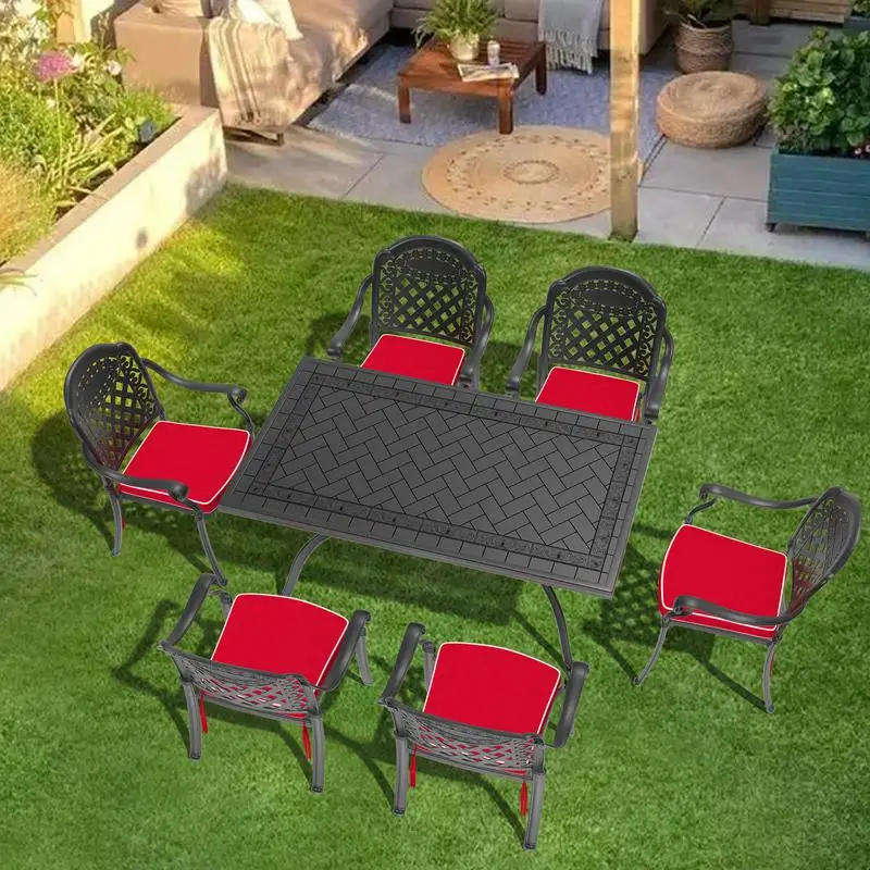 7-Piece Cast Aluminum Patio Furniture Set with Red Cushions
7-Piece Cast Aluminum Patio Furniture Set with Red Cushions