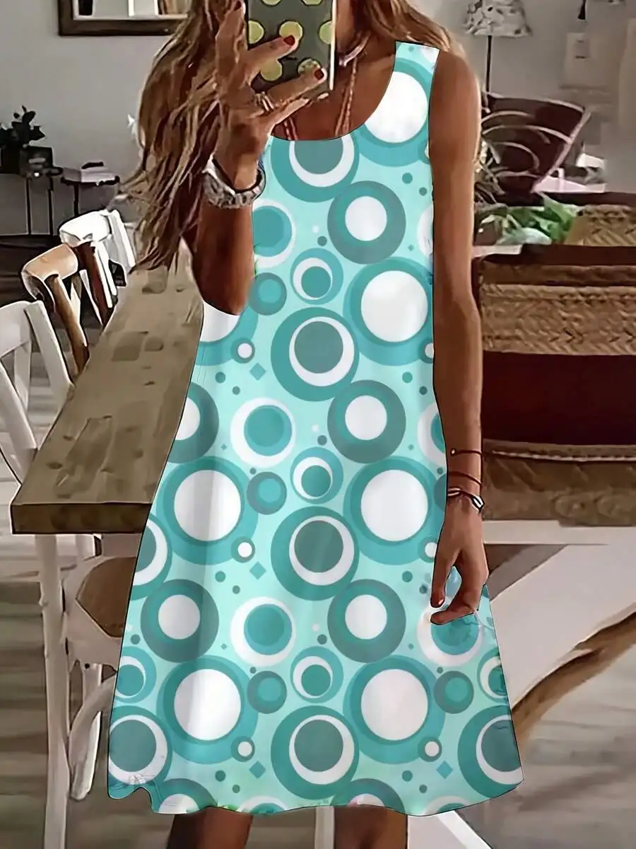 Women Sleeveless Dress With Blue And White Circle Print For Summer Beach Party
Women Sleeveless Dress With Blue And White Circle Print For Summer Beach Party