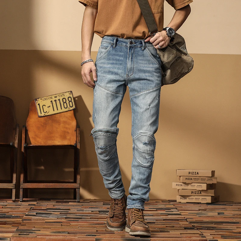 American High-End Men's Motorcycle Jeans Knee-Zipper Ripped Patchwork Slim Fit Spring 2023 Elastic Long Pants Casual Trendy
American High-End Men's Motorcycle Jeans Knee-Zipper Ripped Patchwork Slim Fit Spring 2023 Elastic Long Pants Casual Trendy