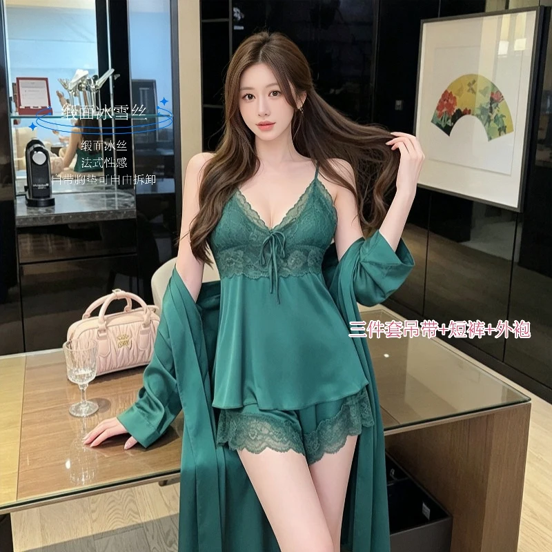 Hot Summer 3PCS Sexy Lace Lingerie Spaghetti Strap Silk Satin Pajama Sets for Women Sleepwear Homewear Pijama Mujer Home Clothes
Hot Summer 3PCS Sexy Lace Lingerie Spaghetti Strap Silk Satin Pajama Sets for Women Sleepwear Homewear Pijama Mujer Home Clothes