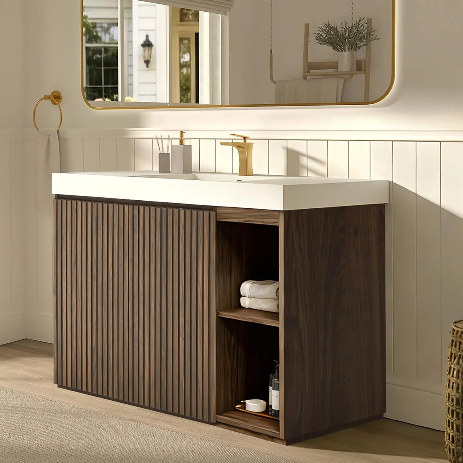 Walnut Freestanding Single Sink Bathroom Vanity Stone Top Soft Close Door Adjustable Shelf Customized
Walnut Freestanding Single Sink Bathroom Vanity Stone Top Soft Close Door Adjustable Shelf Customized