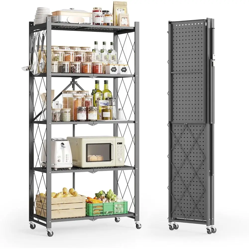 5-Tier Rolling Storage Rack with 8 Hooks, 300 lbs Capacity, Suitable for Kitchen, Garage, Pantry, Living Room, Gray
5-Tier Rolling Storage Rack with 8 Hooks, 300 lbs Capacity, Suitable for Kitchen, Garage, Pantry, Living Room, Gray
