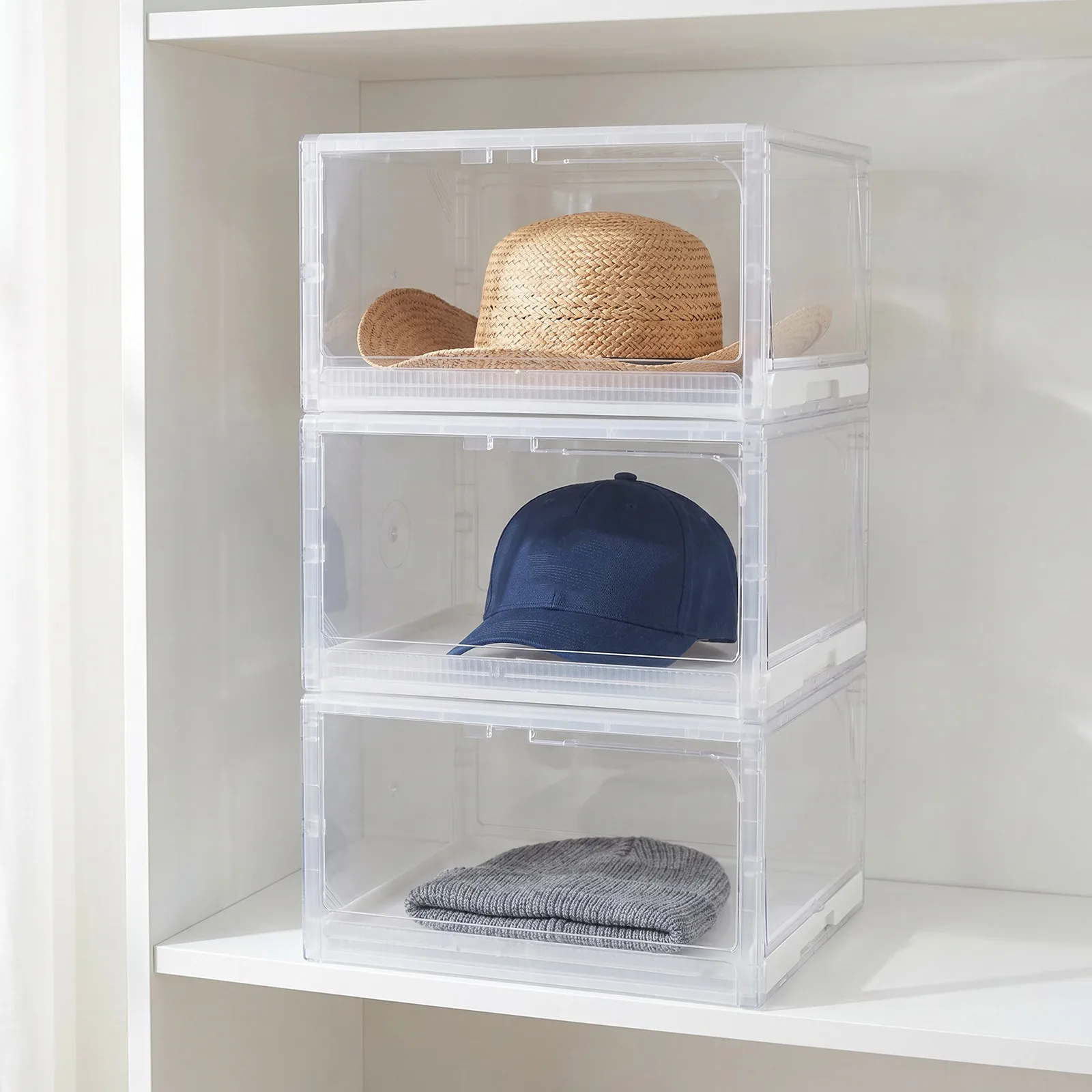 Stackable Hat Organizer Clear Plastic Drawer-Type Desktop Storage Box for Baseball Caps Wide Brim Hats Dustproof Water Resistant
Stackable Hat Organizer Clear Plastic Drawer-Type Desktop Storage Box for Baseball Caps Wide Brim Hats Dustproof Water Resistant