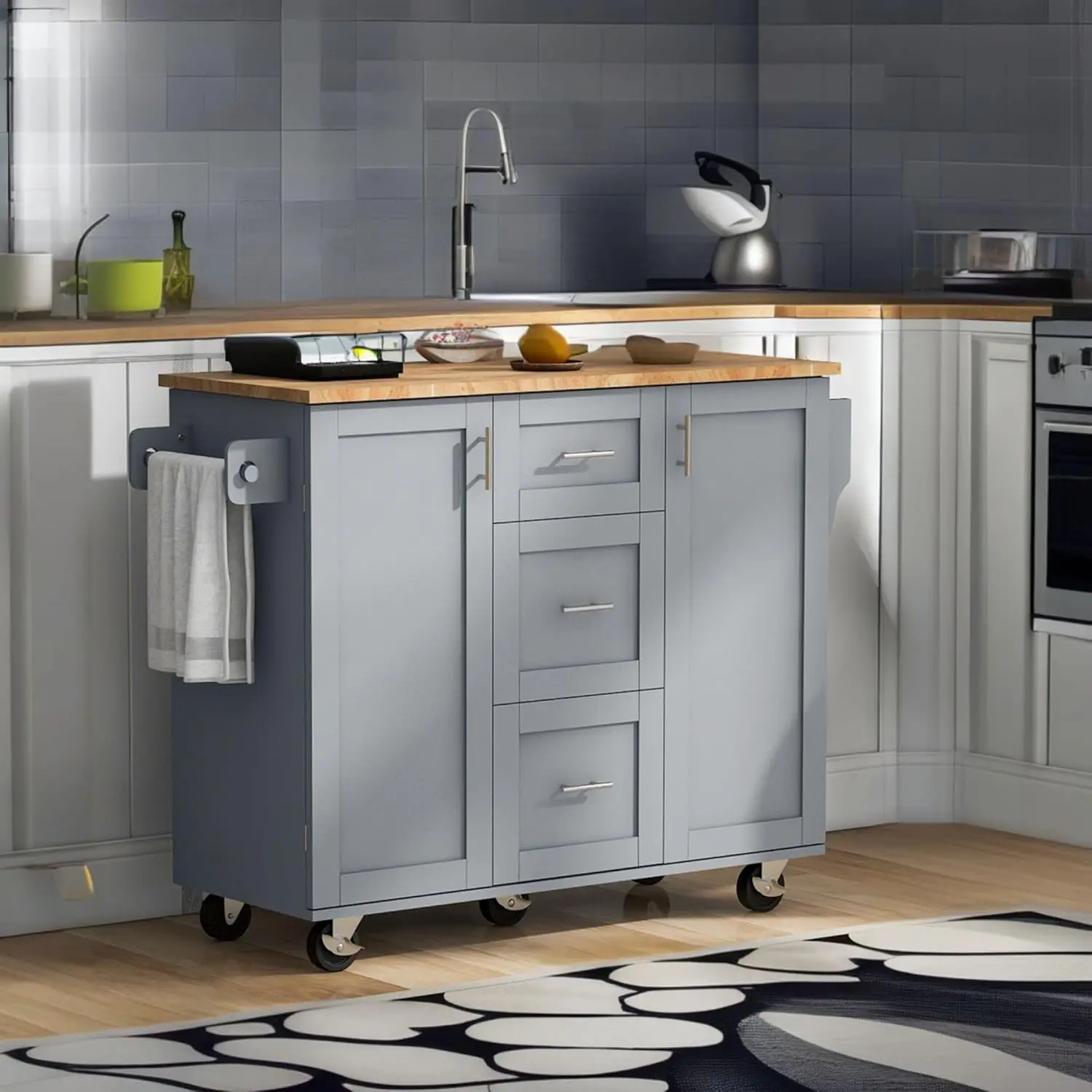 Kitchen Island with Storage Kitchen Cart with Rubber Wood Top 3 Drawer 2 Slide-Out Shelf and Internal Storage Rack Kitchen
Kitchen Island with Storage Kitchen Cart with Rubber Wood Top 3 Drawer 2 Slide-Out Shelf and Internal Storage Rack Kitchen