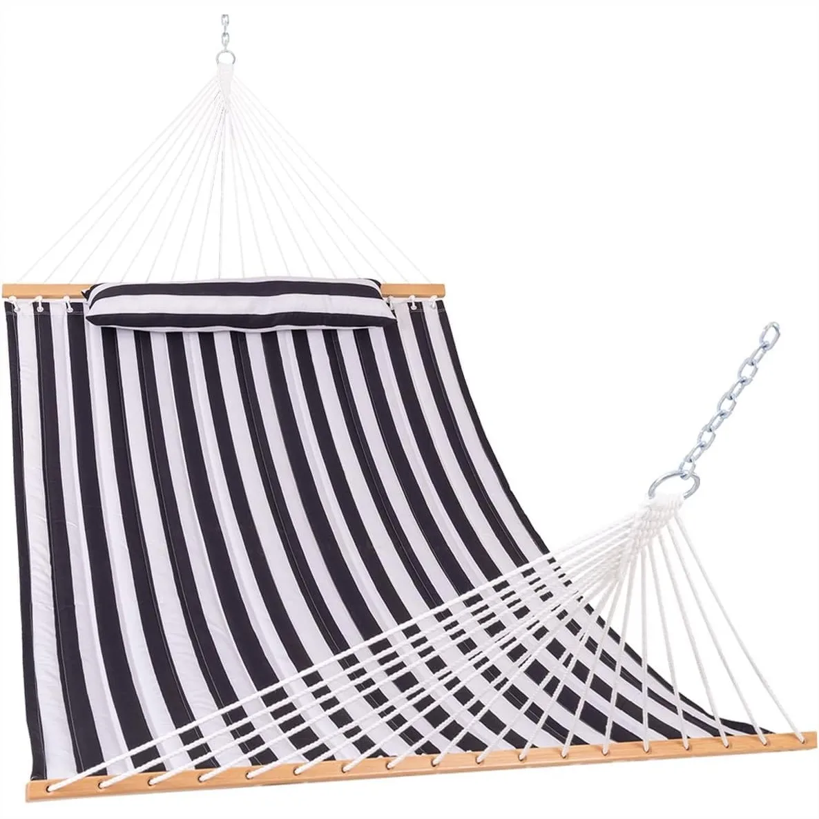 12FT Quilted Double Hammock for 2 Persons, 450 lbs Capacity with Spreader Bars and Detachable Pillow, Black White
12FT Quilted Double Hammock for 2 Persons, 450 lbs Capacity with Spreader Bars and Detachable Pillow, Black White