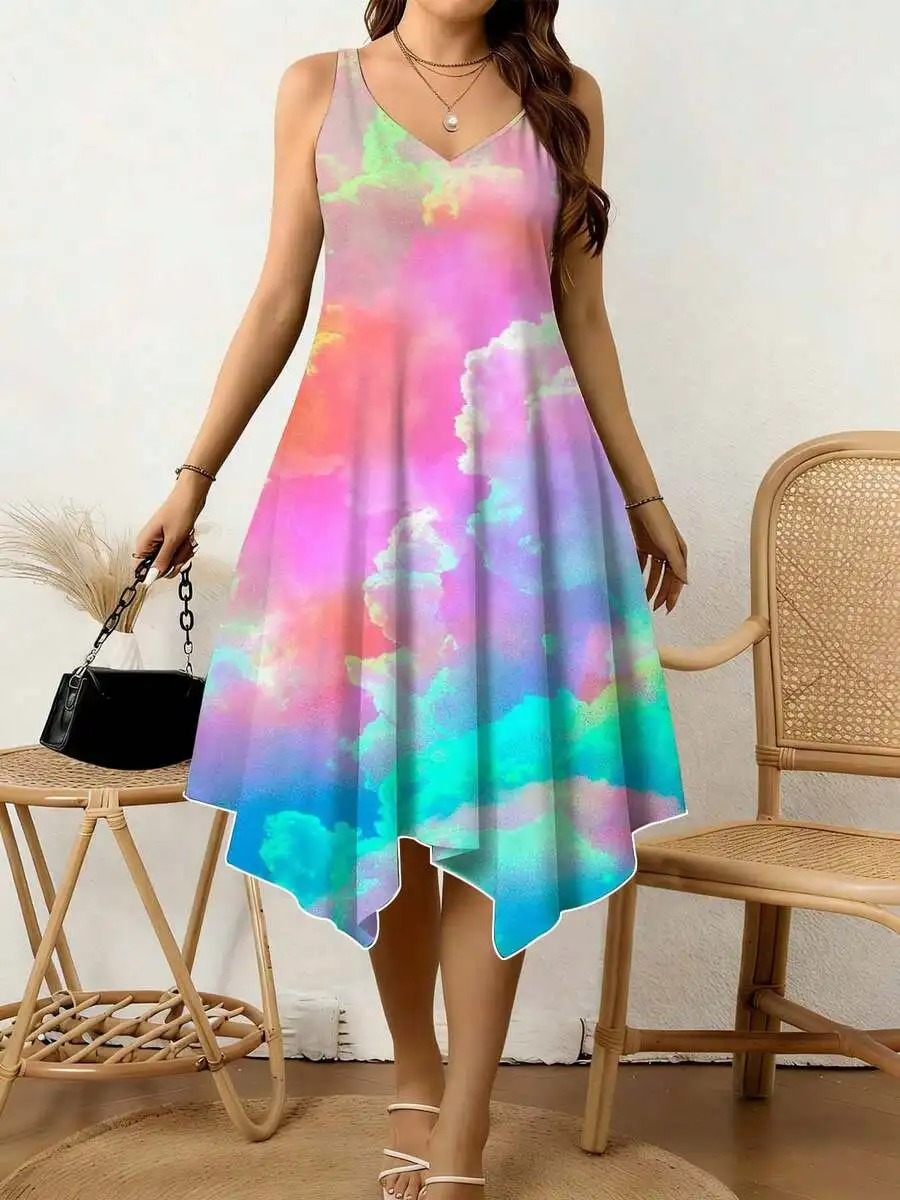 V-Neck Sleeveless Women’s Dress With Vibrant Cloud Pattern, Asymmetrical Hem, Lightweight Breathable Fabric For Summer Holidays
V-Neck Sleeveless Women’s Dress With Vibrant Cloud Pattern, Asymmetrical Hem, Lightweight Breathable Fabric For Summer Holidays